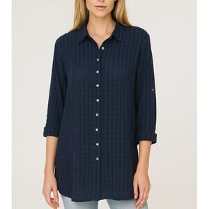 2/$30 J. Jill Check Semi-Sheer Cotton Shirt Navy Blue Roll Tab Petite Size MP